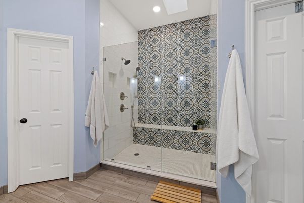 Bathroom, Glass Shower, Interior, Recessed Lighting, Wood Texture Flooring
