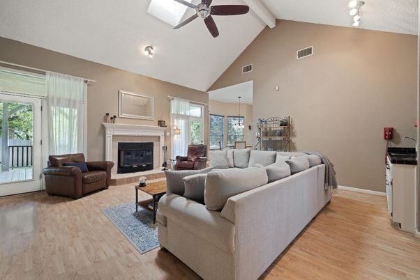 Fireplace, Interior, Living room, Pendant Lights, Wood Texture Flooring