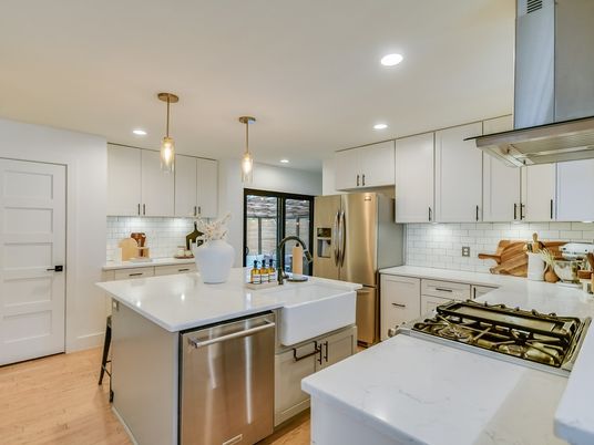 Interior, Kitchen, Pendant Lights, Recessed Lighting, Stainless Steel Appliances, Wood Texture Flooring