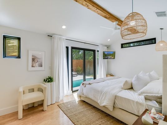 Bedroom, Interior, Pendant Lights, Recessed Lighting, Wooden Beams, Wood Texture Flooring