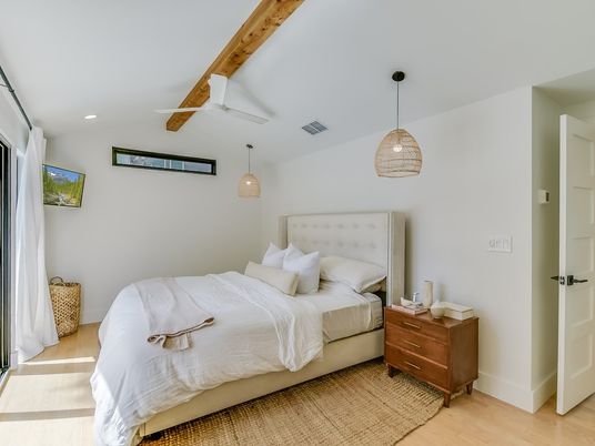 Bedroom, Interior, Pendant Lights, Recessed Lighting, Wood Texture Flooring