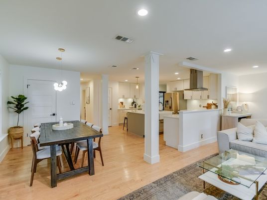 Dining room, Interior, Kitchen, Living room, Pendant Lights, Recessed Lighting, Stainless Steel Appliances, Wood Texture Flooring