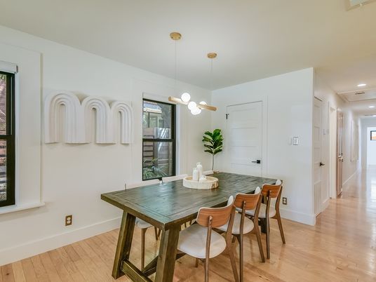 Dining room, Interior, Pendant Lights, Recessed Lighting, Wood Texture Flooring