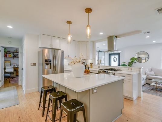 Interior, Kitchen, Living room, Pendant Lights, Recessed Lighting, Stainless Steel Appliances, Wood Texture Flooring