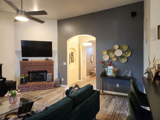 Dining room, Fireplace, Interior, Living room, Pendant Lights, Wood Texture Flooring