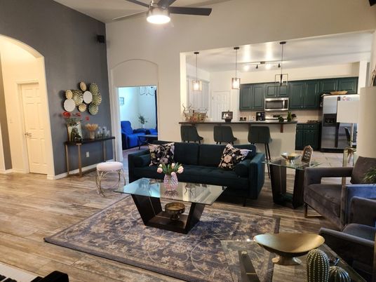 Dining room, Interior, Kitchen, Living room, Pendant Lights, Wood Texture Flooring