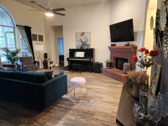 Fireplace, Interior, Living room, Piano, Wood Texture Flooring