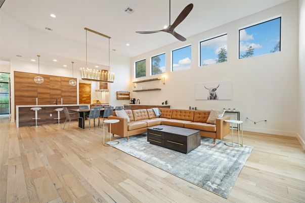 Dining room, Interior, Kitchen, Living room, Pendant Lights, Recessed Lighting, Wood Texture Flooring