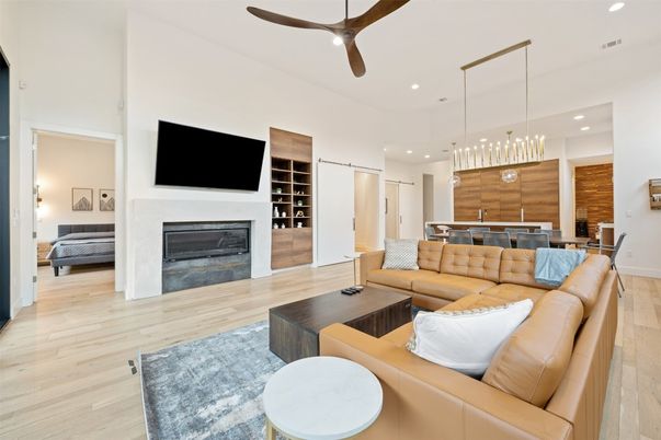 Dining room, Fireplace, Interior, Kitchen, Living room, Pendant Lights, Recessed Lighting, Wood Texture Flooring