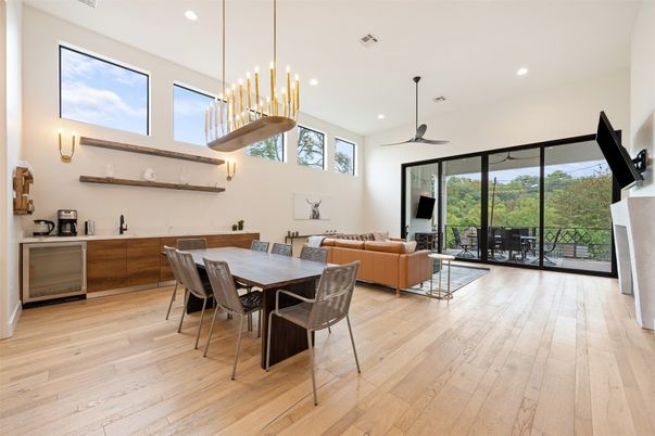 Dining room, Interior, Living room, Pendant Lights, Recessed Lighting, Wood Texture Flooring