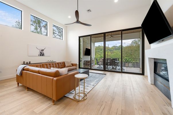Fireplace, Interior, Living room, Recessed Lighting, Wood Texture Flooring