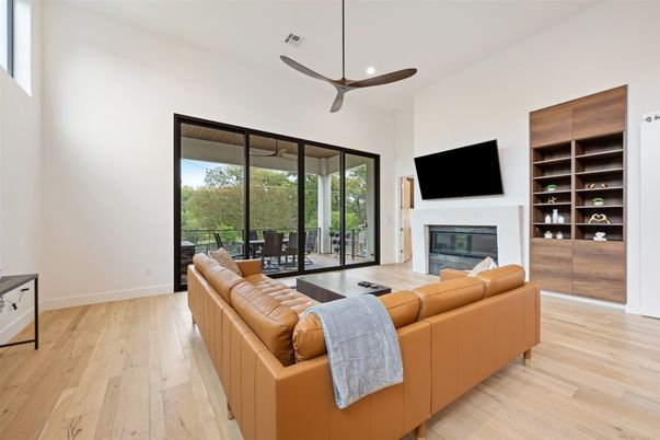 Fireplace, Interior, Living room, Recessed Lighting, Wood Texture Flooring