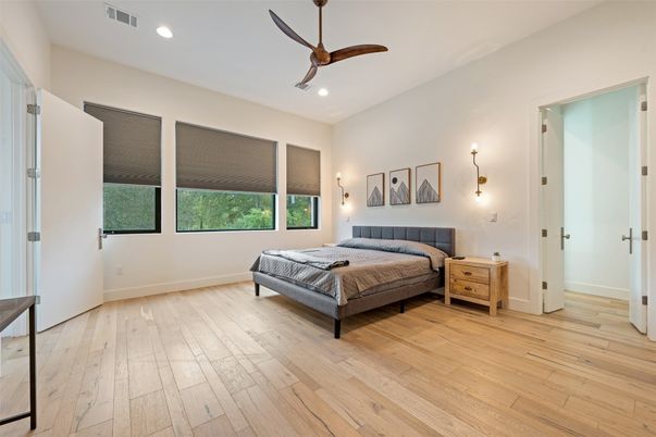 Bedroom, Interior, Recessed Lighting, Wood Texture Flooring