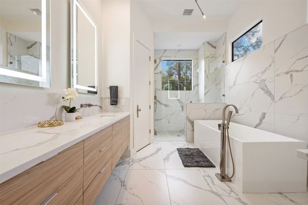 Bathroom, Dual Sink Vanities, Free Standing Baths, Glass Shower, Interior, Marble, Marble Walls