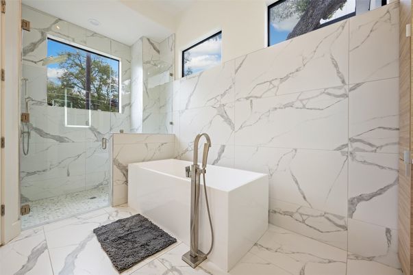 Bathroom, Free Standing Baths, Glass Shower, Interior, Marble, Marble Walls, Recessed Lighting
