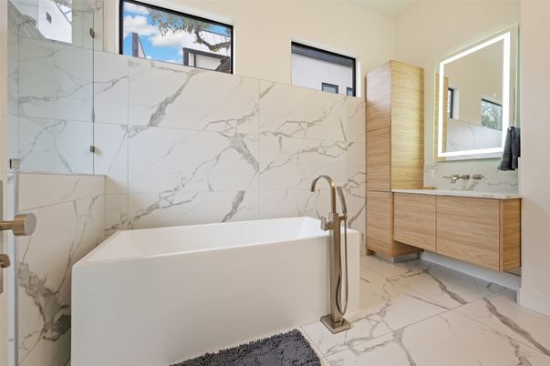 Bathroom, Dual Sink Vanities, Free Standing Baths, Interior, Marble, Marble Walls