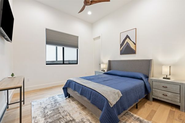 Bedroom, Interior, Recessed Lighting, Wood Texture Flooring