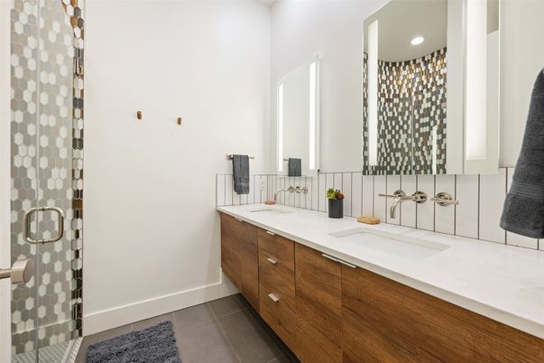 Bathroom, Dual Sink Vanities, Glass Shower, Interior, Recessed Lighting