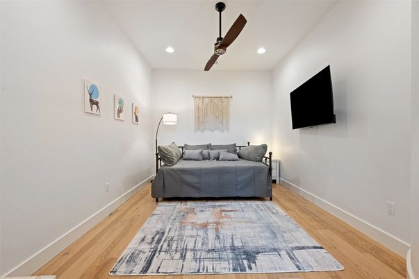 Bedroom, Interior, Recessed Lighting, Wood Texture Flooring