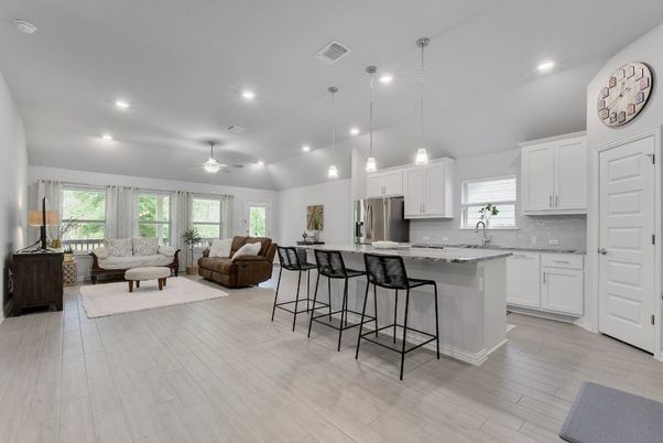 Interior, Kitchen, Living room, Pendant Lights, Recessed Lighting, Stainless Steel Appliances, Wood Texture Flooring