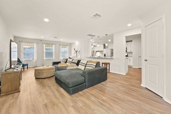 Interior, Kitchen, Living room, Pendant Lights, Recessed Lighting, Wood Texture Flooring