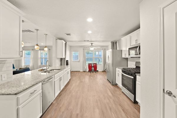 Interior, Kitchen, Pendant Lights, Recessed Lighting, Wood Texture Flooring
