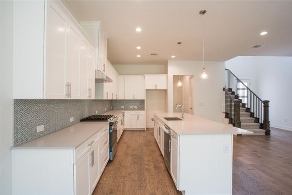 Interior, Kitchen, Pendant Lights, Recessed Lighting, Wood Texture Flooring