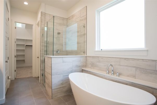 Bathroom, Free Standing Baths, Glass Shower, Interior, Recessed Lighting
