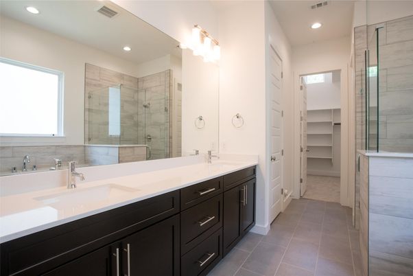 Bathroom, Dual Sink Vanities, Glass Shower, Interior, Recessed Lighting