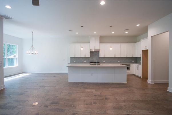 Empty room, Interior, Kitchen, Pendant Lights, Recessed Lighting, Wood Texture Flooring