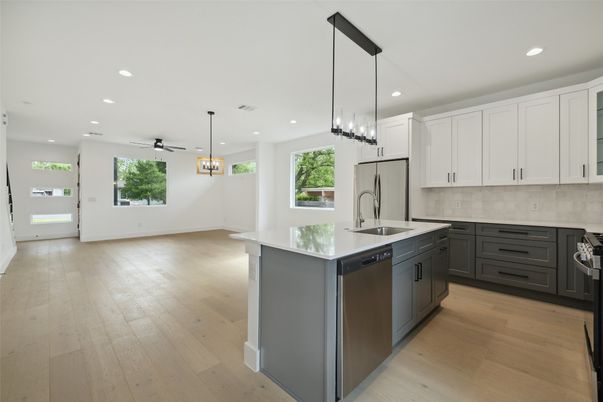 Interior, Kitchen, Pendant Lights, Recessed Lighting, Wood Texture Flooring