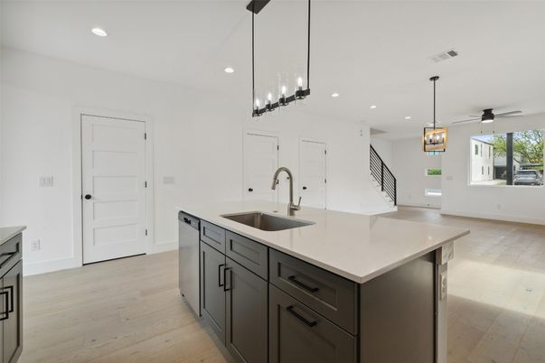 Interior, Kitchen, Pendant Lights, Recessed Lighting, Wood Texture Flooring