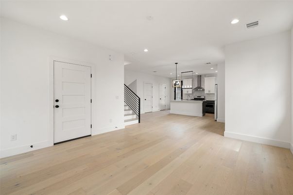 Empty room, Interior, Kitchen, Pendant Lights, Recessed Lighting, Wood Texture Flooring