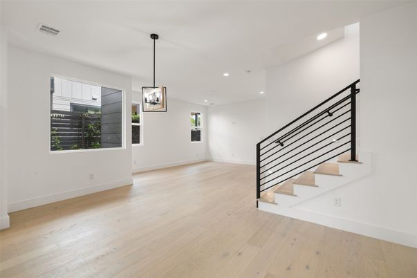 Empty room, Interior, Pendant Lights, Recessed Lighting, Wood Texture Flooring