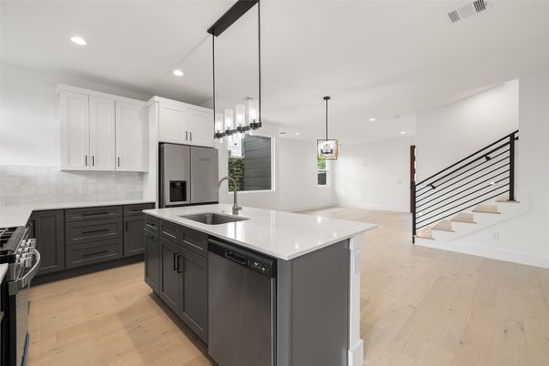Interior, Kitchen, Pendant Lights, Recessed Lighting, Stainless Steel Appliances, Wood Texture Flooring