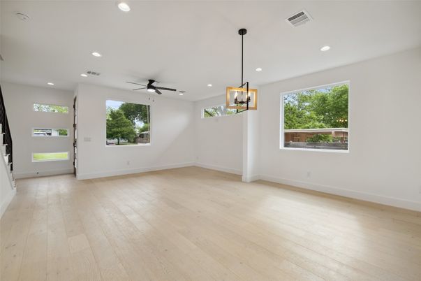 Empty room, Interior, Pendant Lights, Recessed Lighting, Wood Texture Flooring