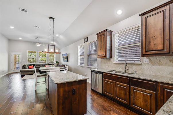 Dining room, Interior, Kitchen, Living room, Pendant Lights, Recessed Lighting, Wood Texture Flooring