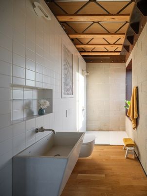 Bathroom, Free Standing Baths, Interior, Stone Walls, Wooden Beams, Wooden Ceilings, Wood Texture Flooring