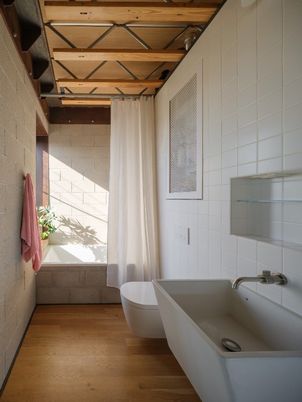 Bathroom, Free Standing Baths, Interior, Wooden Ceilings, Wood Texture Flooring