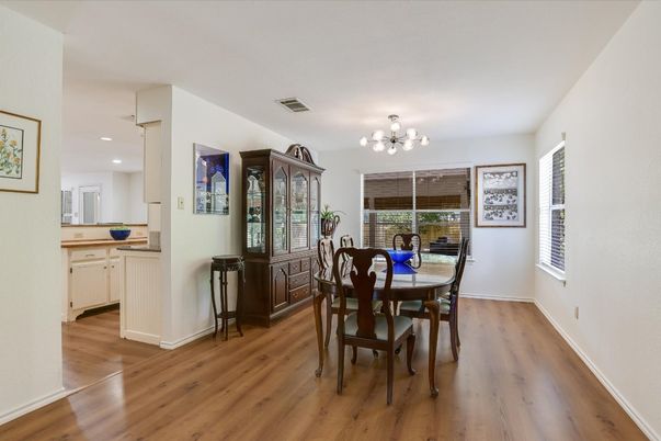 Dining room, Interior, Recessed Lighting, Wood Texture Flooring