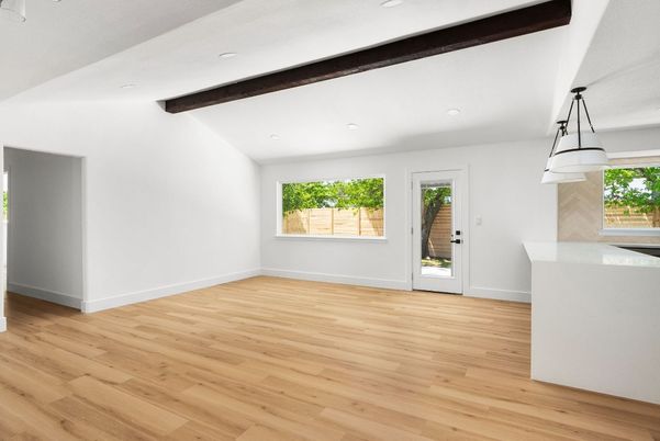 Empty room, Interior, Pendant Lights, Recessed Lighting, Wooden Beams, Wood Texture Flooring