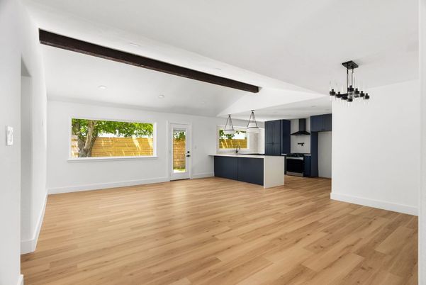 Empty room, Interior, Kitchen, Pendant Lights, Recessed Lighting, Wooden Beams, Wood Texture Flooring