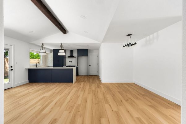Empty room, Interior, Kitchen, Pendant Lights, Stainless Steel Appliances, Wooden Beams, Wood Texture Flooring