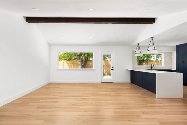 Empty room, Interior, Kitchen, Pendant Lights, Recessed Lighting, Wooden Beams, Wood Texture Flooring