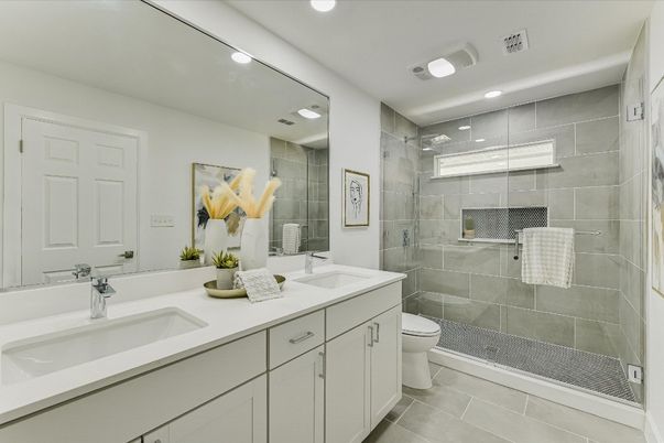 Bathroom, Dual Sink Vanities, Glass Shower, Interior, Recessed Lighting