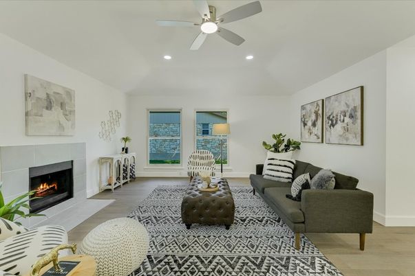 Fireplace, Interior, Living room, Recessed Lighting, Wood Texture Flooring