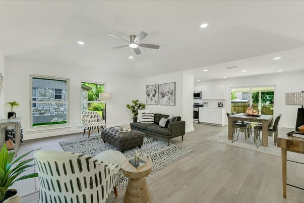 Dining room, Interior, Kitchen, Living room, Recessed Lighting, Stainless Steel Appliances, Wood Texture Flooring