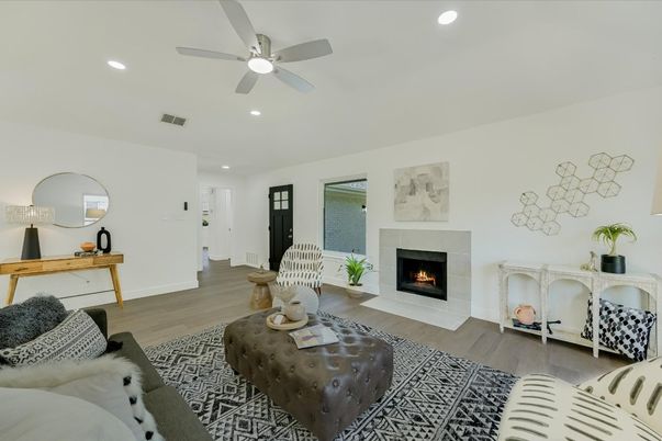 Fireplace, Interior, Recessed Lighting, Wood Texture Flooring