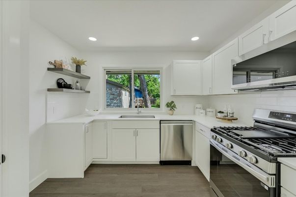 Interior, Kitchen, Recessed Lighting, Stainless Steel Appliances, Wood Texture Flooring