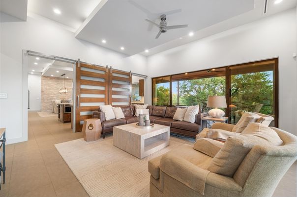 Interior, Living room, Pendant Lights, Recessed Lighting, Stone Walls